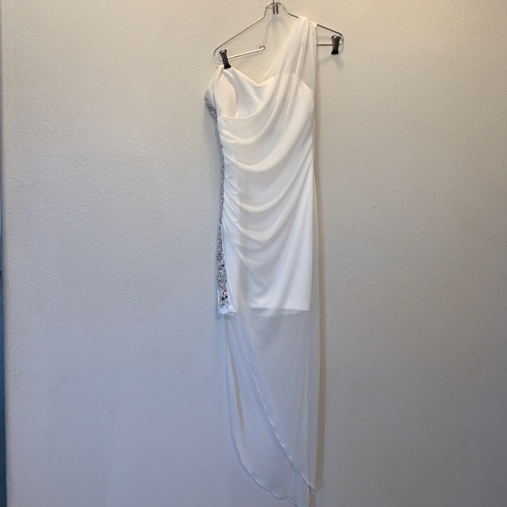 Teeze Me white one shoulder lace wedding prom formal dress